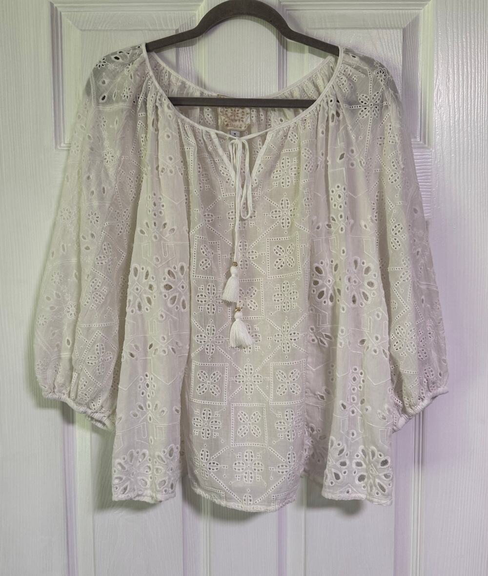 Johnny Was Jade Silk Blend Embroidered Eyelet Tassel Boho Top Size Medium